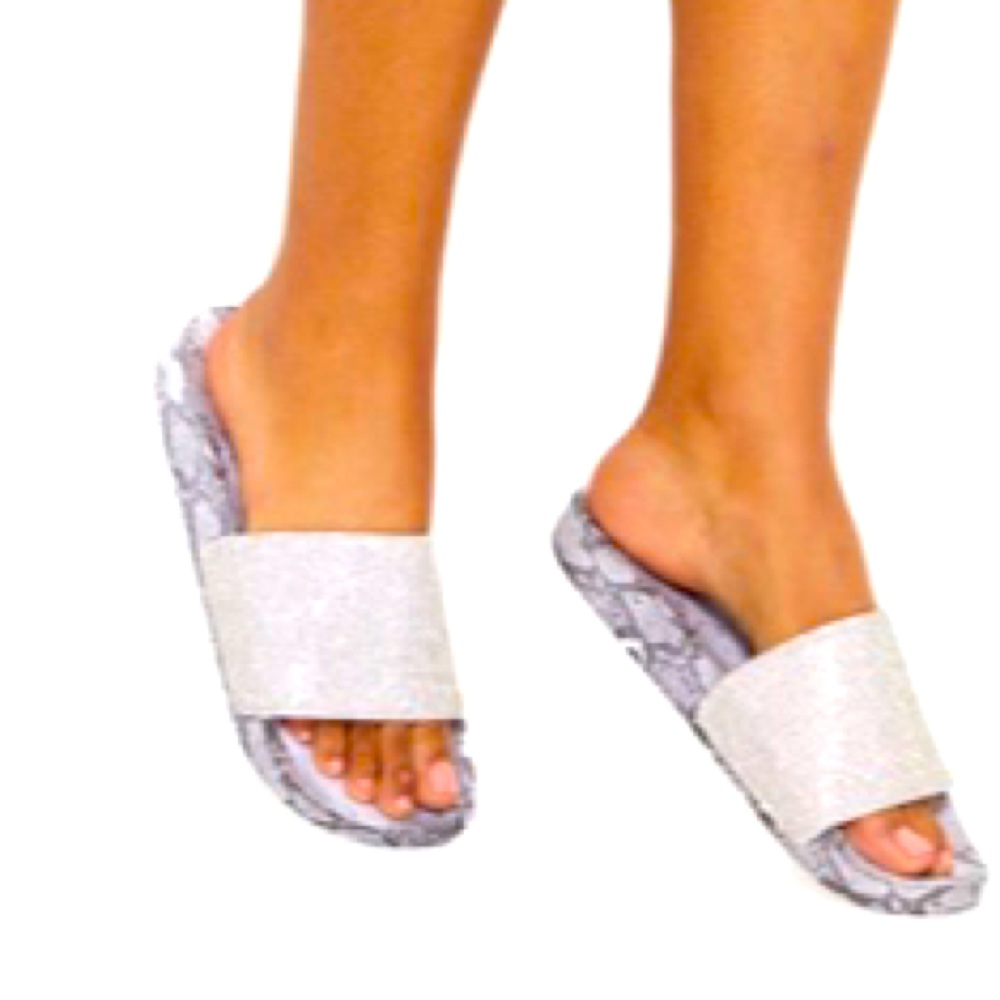 Grey snake diamanté slides